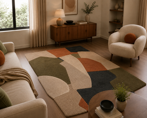 Tapis en laine tufté à la main pour salon, forme irrégulière, mosaïque, tons terreux, olive, terre cuite, style bohème, design personnalisé, OEM - Product Image 4