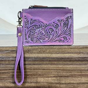 Cute Purple <b>Leather</b> <b>Tooled</b> Floral Zipper Credit Card Holder Clutch Genuine <b>Leather</b> Multifunctional Unisex Everyday Coin <b>Pouch</b> - Product Image 2