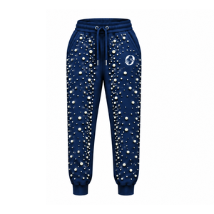 Navy Blue Pearl Beaded Jogger Pants Women Luxury Embellished Drawstring Sweatpants Casual Streetwear Fleece <b>Trousers</b> <b>With</b> <b>Pocket</b> - Product Image 1