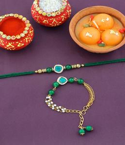 Rakhi de Piedra Verde Único con Pulsera Combinada, Joyería Hecha a Mano con Hilo Ajustable, Regalo Perfecto para Hermanos en Ocasiones Festivas - Product Image 1