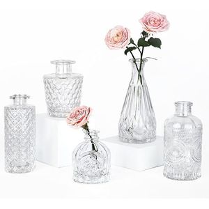 Set di 5 Piccoli Vasi in Vetro Trasparente, Mini Centrotavola Vintage per Matrimoni e Decorazioni Domestiche - Product Image 4
