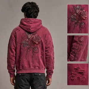 <b>Mens</b> Distressed Hoodie Embroidered Streetwear <b>Pullover</b> Sweatshirt with Relaxed Silhouette for Everyday Fashion - Product Image 2