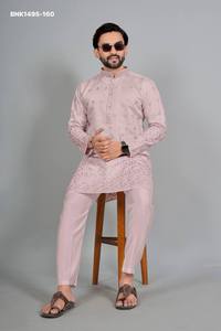 High Quality Cotton <b>Silk</b> with Embroidered Readymade Full-Sleeve Collar-Neck <b>Kurta</b>-Payjama Collection Wholesale Supply - Product Image 5