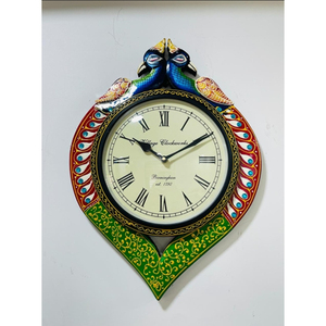 Horloge murale décorative en bois artisanale de style Art déco en forme d'animal, motif paon, avec mouvement à quartz, fonctionne sur piles - Product Image 3