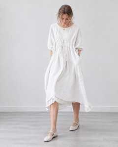 Vestido Maxi de Lino y Algodón Personalizado para Mujer, Cuello en V, Corte en A, Cintura Ajustable, Hombros Caídos, Tallas Grandes, Moda Ecológica B2B - Product Image 5