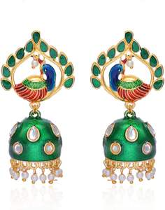 Recuerdos de Fiesta, Pendientes Jhumka Kundan Meena con Diseño de Pavo Real, Chapados en Oro, para Mujeres y Niñas, para Usar en Bodas, Haldi, Mehendi - Product Image 1
