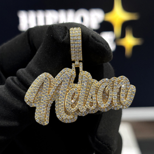 <b>Custom</b> Raised Letter <b>Name</b> Pendant 925 Sterling Silver VVS Moissanite Fully Iced Script Hip Hop <b>Necklace</b> Yellow Gold Personalized - Product Image 1