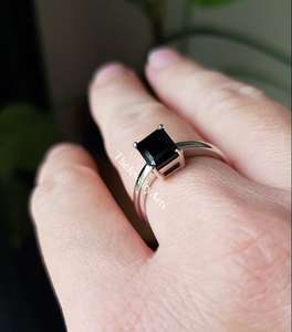 Vintage Inspired Solitaire <b>Emerald</b> Cut Black Spinel <b>Ring</b> for Women 925 Sterling <b>Silver</b> Minimalist Gemstone Jewelry Wedding Band - Product Image 1