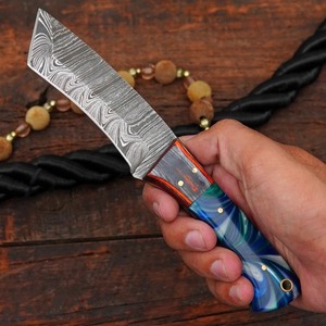 มีดเหล็กดามัสกัสทรงชีพส์ฟุต ด้ามหินอ่อนสีน้ำเงิน สำหรับตั้งแคมป์ - Product Image 1
