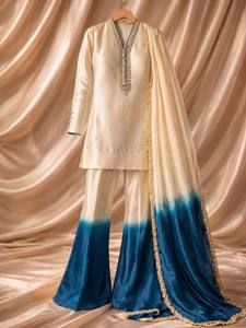Conjunto de Kurta y Palazzo de Seda Romana con Bordado Tradicional para Mujer, Ropa India y Pakistaní, Traje Formal para Graduación, Boda o Fiesta - Product Image 2