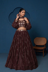 Burgundy Beaded Lehenga Set <b>Sequin</b> Embroidered <b>Crop</b> <b>Top</b> Pleated Skirt Indian Wedding Outfit - Product Image 1