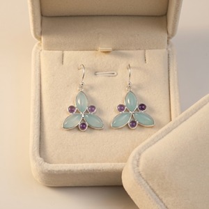 Pendientes Colgantes de Calcedonia Azul Natural y Amatista, Plata de Ley 925, Hechos a Mano, con Forma de Flor, Regalo para Mujer - Product Image 4