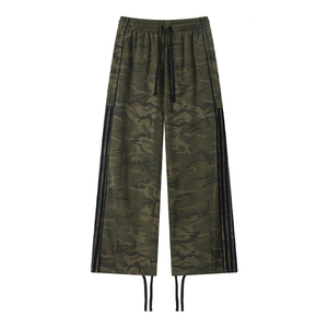 Custom logo Men <b>Women</b> Camo Wide Leg Stripes Drawstring Waist Streetwear Casual Loose Sweatpants with Tie Hem - Product Image 1