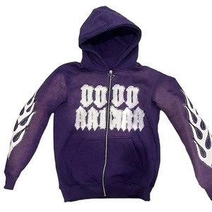 Alta calidad bordado desgastado peso pesado algodón Terry tela recortada Zip up hombres Sudadera con capucha desgastada transpirable al por mayor - Product Image 5