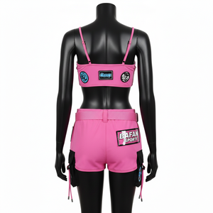 ชุดบิกินี่พรีเมียม 185 GSM ผ้าโพลีเอสเตอร์ผสมสแปนเด็กซ์ สีชมพู ผ้าเนื้อยืด พร้อมกระเป๋าคาดเอว  ตกแต่งด้วยลายปักโลโก้ สำหรับผู้หญิง - Product Image 3