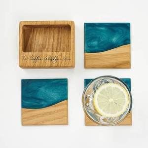 Round Wooden Coaster Set With <b>Blue</b> Resin Inlay Non Slip Modern Design <b>Mats</b> & Pads 6mm Thickness Set Of 4 - Product Image 4