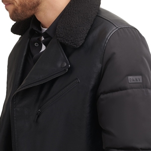 Men's Black Cow <b>Leather</b> Moto <b>Jacket</b> Turn-down Collar Zipper Closure Regular Sleeve <b>Winter</b> Biker Style Solid Color Thick Padding - Product Image 4