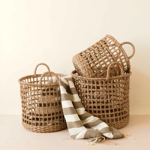 Set Of 3 Seagrass Rope Open Weave Cylinder <b>Basket</b> with handles Handmade <b>Storage</b> <b>Basket</b> Wholesale eco-friendly Made in Vietnam - Product Image 3