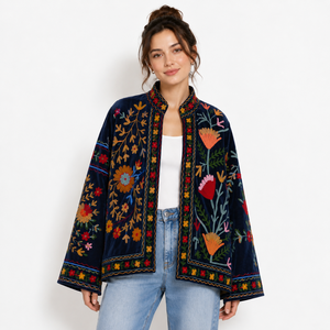 Veste réversible en velours pour femmes, brodée Suzani, style bohème, fleurs, faite à la main, ethnique, pour l'hiver, l'automne et l'été - Product Image 1