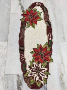 Embroidered Floral Table <b>Runner</b> Red Green White Poinsettia Pattern Traditional Home Decor <b>Washable</b> - Product Image 2