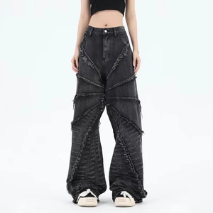 Pantalones Vaqueros de Cintura Alta, Pierna Ancha, Desgastados, Estilo Streetwear, Corte Holgado, Algodón de Peso Medio, para Otoño - Product Image 3