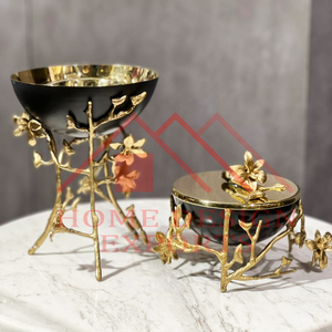 Ensemble de 2 bols de service décoratifs noirs de luxe avec couvercle/bol en métal de haute qualité de forme ronde en métal fantaisie pour la maison - Product Image 2