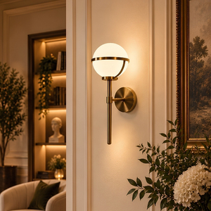 Modern Novera Brass <b>Globe</b> Wall Sconce, Opal Milk Glass Shade Wall <b>Light</b> Fixture with Metal Ring Detail - Product Image 4