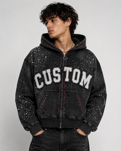 Sudadera con capucha personalizada de gran tamaño con pedrería, 100% algodón, tela suave, con cremallera, estilo moderno, diseño de patchwork desgastado, unisex. - Product Image 3