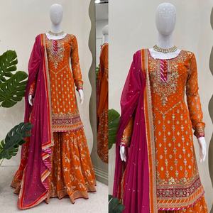 Vestido de Novia de Diseño Moderno, Hermoso, Rosa Dorado, Bordado a Mano, de Secado Rápido, Tradicional Indio, Exquisito, de Faux Georgette, de Pakistán - Product Image 1