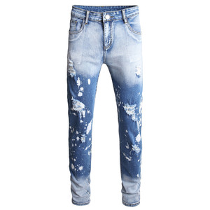 Light Blue Mid Waist Men's <b>Jeans</b> Casual Stretch Hole Tie-Dye Pencil Pants Street Slim Fit Mens Ripped <b>Jeans</b> - Product Image 1