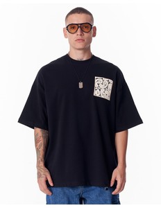 T-shirt noir surdimensionné pour homme avec appliqué en dentelle, style streetwear, manches courtes, col rond, jersey de coton - Product Image 1