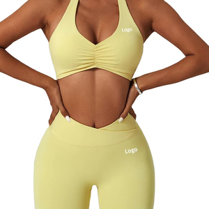 Legging de yoga taille haute jaune citron uni avec détail froncé, taille élastique, extensible dans les quatre sens, pantalon sans couture par Run Apparel - Product Image 1