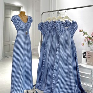 Ladies Vintage Blue Checkered Embroidered Puff Sleeve 2 Piece Long <b>Set</b> Elegant Quick Dry Breathable 100% Polyester Summer - Product Image 6