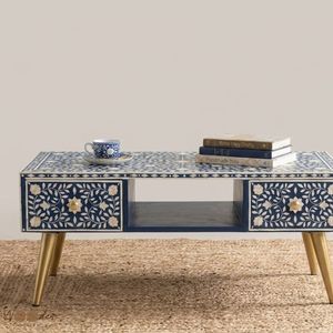 Handmade Bone Inlay Midcentury Modern Coffee <b>Table</b> Blue Floral <b>Storage</b> for Living Room Home Furniture - Product Image 2