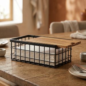 Porta Servilletas de Hierro Hecho a Mano de 22 cm con Tapa Deslizante de Madera Natural, Caja para Servilletas Peti Mango para Decoración del Hogar, Accesorio Decorativo para Mesa - Product Image 1