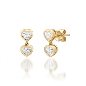 Fashion Drop Earrings 14K Solid Gold Custom Wholesale Fashion Jewelry Silver 925 Double Bezel Setting Duo Heart Drop Earring - Product Image 1