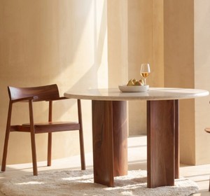 Midcentury Modern <b>Farmhouse</b> Hotel <b>Style</b> Teak Wood <b>Dining</b> Room Set Sintered Stone Tabletop 5-Piece Solid Back Chairs Durable Home - Product Image 2