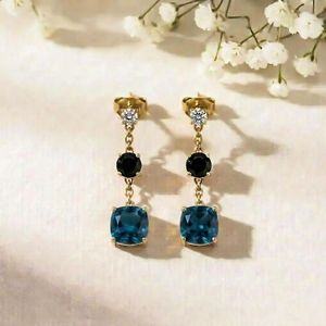 Natural London Blue Topaz Cushion Cut & Black Obsidian Drop <b>Earrings</b> CZ Accent Gemstone Dangle <b>Fine</b> Stud <b>Earrings</b> Jewelry - Product Image 3