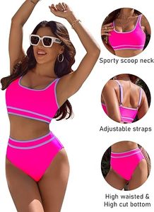 Conjunto de Bikini con Estampado Floral Rosa para Mujer, Top Bandeau de Cintura Alta, Ribete en Contraste, Traje de Baño Elástico de Dos Piezas, Corte Regular, Transpirable - Product Image 5
