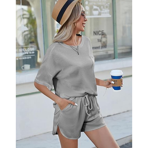 Women Lightweight Waffle Knit Lounge Set Oversized Top and Shorts <b>Matching</b> Outfit Wholesale - Product Image 3