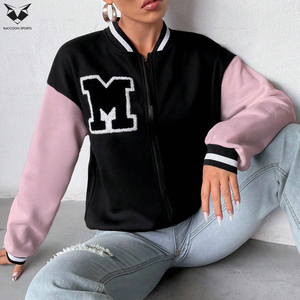 Women’s Black and Pink Letterman <b>Jacket</b> Embroidered M <b>Patch</b> Full Sleeve Zipper Front Turn Down Collar Casual Autumn Varsity Wear - Product Image 6