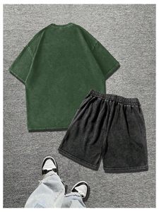 Men 2 Piece Vintage <b>Outfits</b> <b>Punk</b> Grunk Graphic Wash Short Sleeve T-Shirt and Drawstring Shorts Streetwear - Product Image 3