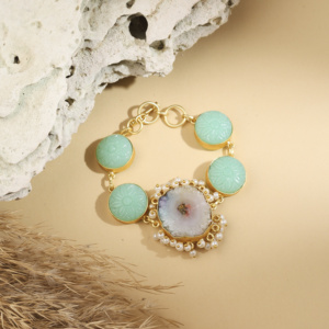 Pulsera Artesanal de Latón y Aleación de Zinc con Imitación de Perlas y Druzy Solar Tallado para Mujer, Estilo Étnico para Fiesta - Product Image 1