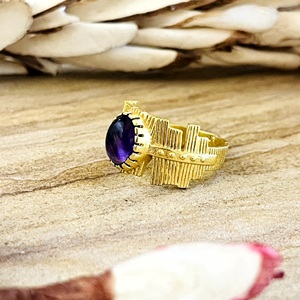 Unique Design <b>Boho</b> Textured Gemstone <b>Ring</b> Tribal Brass <b>Rings</b> Women 18k Gold Plated Geometric Amethyst Jewelry Wholesale/OEM/ODM - Product Image 4