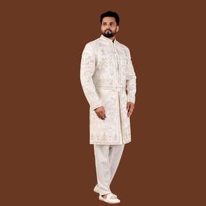 Heritage Arch Pattern Wrinkle <b>Free</b> Mandarin Collar Festive Wedding Mens Sherwani Premium Divine Touch Base Traditional Clothing - Product Image 1