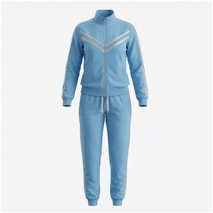 <b>Women</b> Light Blue Tracksuit Set Full <b>Zip</b> Stand Collar Sweatshirt Jogger Pants Breathable Sporty Style Solid Color Midweight - Product Image 1