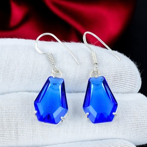 <b>Blue</b> Stone <b>Earrings</b> 925 Sterling <b>Silver</b> Coffin Shape Gemstone Dangle <b>Earrings</b> Handmade Statement Jewelry For Women - Product Image 4