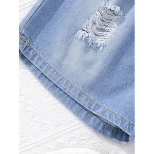 Hem Denim Shorts With Subtle Ripping On <b>Thighs</b> Mid Rise Vintage Light Wash Distressed Denim Shorts - Product Image 6