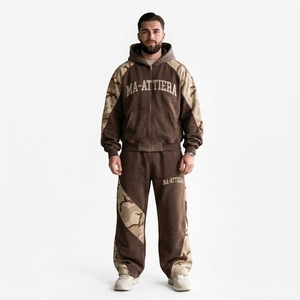 Ensemble de survêtement à capuche zippé pour homme, marron beige camouflage, coupe ample, empiècements contrastants, style streetwear, personnalisable OEM ODM, vente en gros - Product Image 1