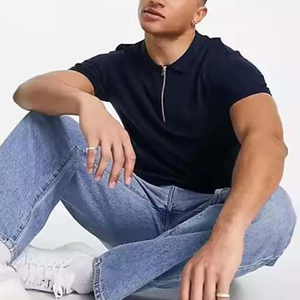 Men's Navy <b>Blue</b> Short Sleeve Knitted <b>Polo</b> <b>Shirt</b> Casual Zip Front Design Solid Color Style - Product Image 6